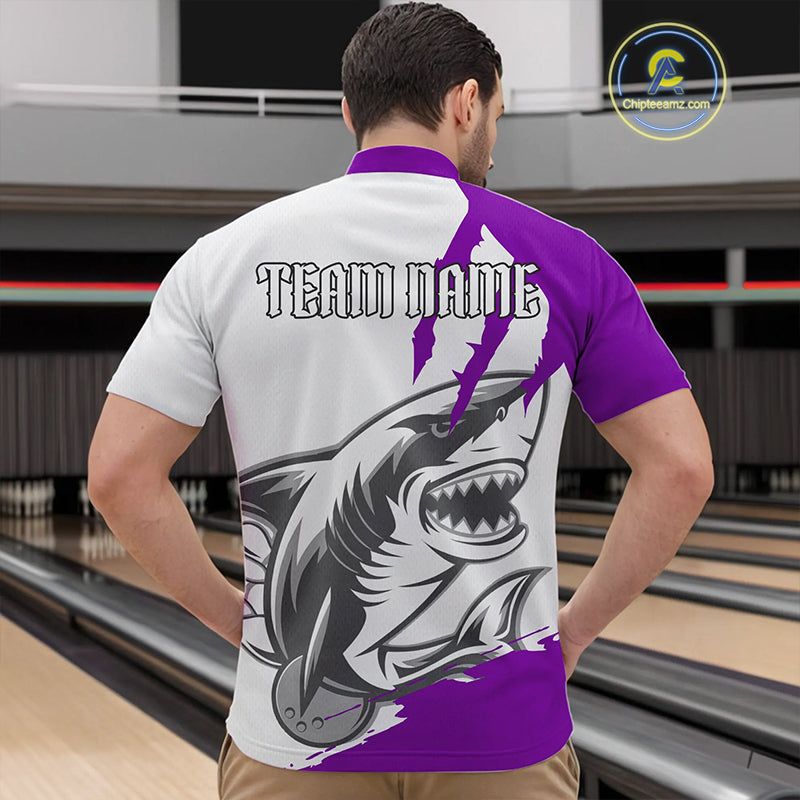 Custom White And Purple Shark Jerseys, Shark Bowling Team Men Quarter-Zip Shirts Bowlers Outfit IPHW8988
