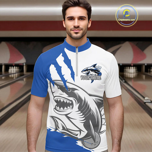 Custom White And Blue Shark Jerseys, Shark Bowling Team Men Quarter-Zip Shirts Bowlers Outfit IPHW8990