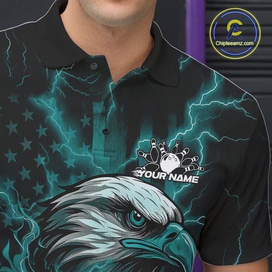 Custom Turquoise Blue Lightning Flame Eagle Men Bowling Shirt, Patriotic US Team Shirt IPHW10172