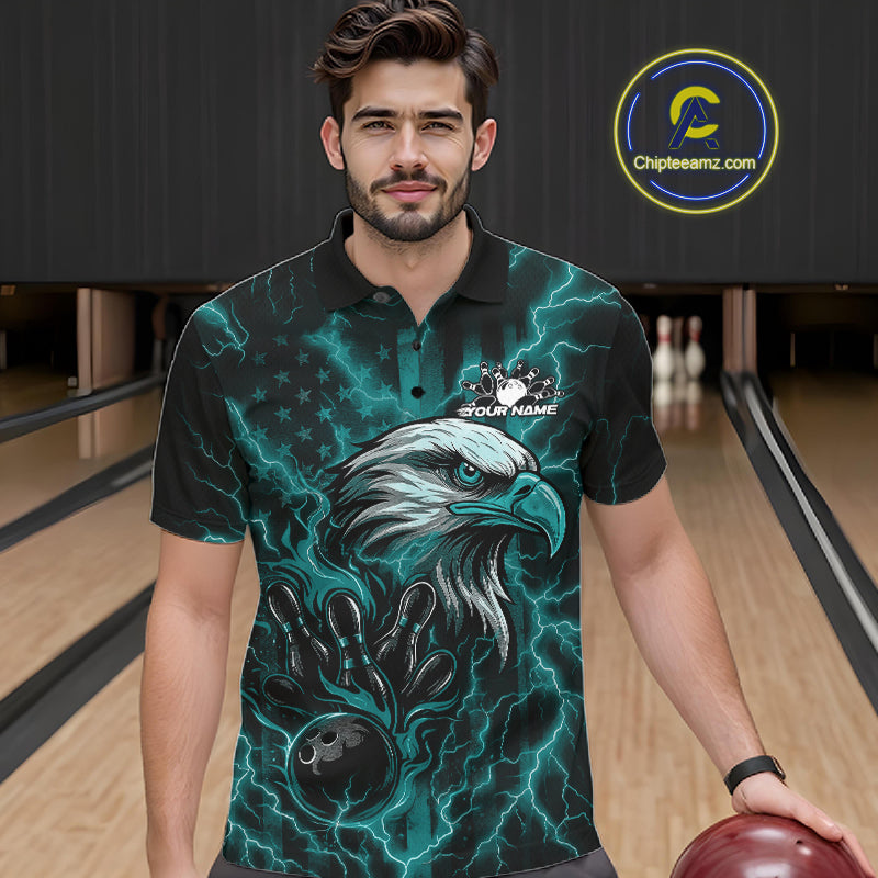 Custom Turquoise Blue Lightning Flame Eagle Men Bowling Shirt, Patriotic US Team Shirt IPHW10172