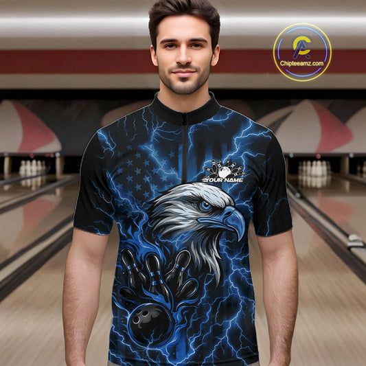 Custom Mid Blue Lightning Flame Eagle Men Bowling Shirt, Patriotic US Team Shirt IPHW10173