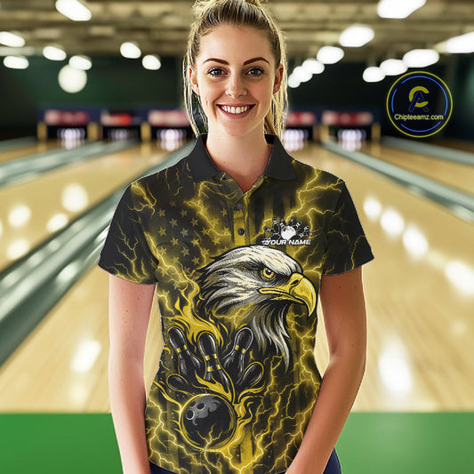 Custom Yellow Lightning Flame Eagle Women Bowling Shirt, Patriotic US Team Shirt IPHW10174