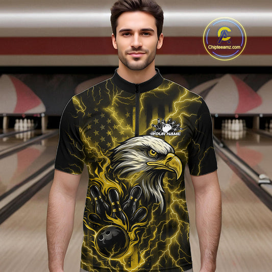 Custom Yellow Lightning Flame Eagle Men Bowling Shirt, Patriotic US Team Shirt IPHW10174