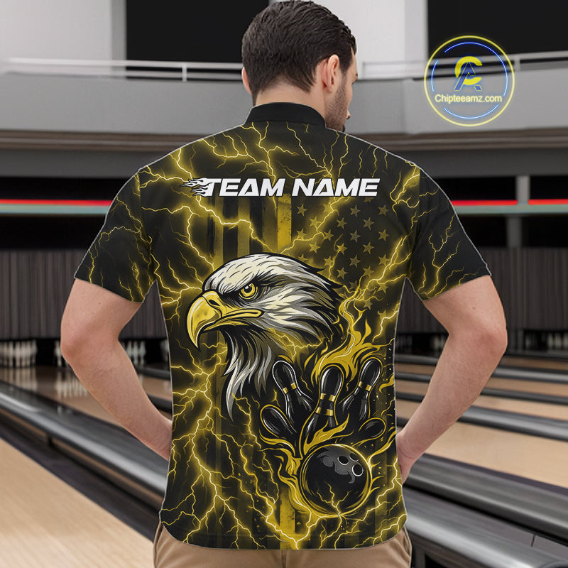 Custom Yellow Lightning Flame Eagle Men Bowling Shirt, Patriotic US Team Shirt IPHW10174