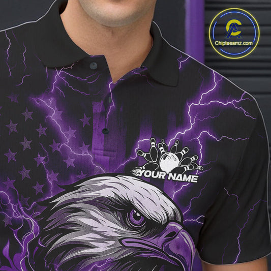 Custom Purple Lightning Flame Eagle Men Bowling Shirt, Patriotic US Team Shirt IPHW10175