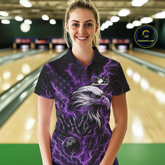Custom Purple Lightning Flame Eagle Women Bowling Shirt, Patriotic US Team Shirt IPHW10175