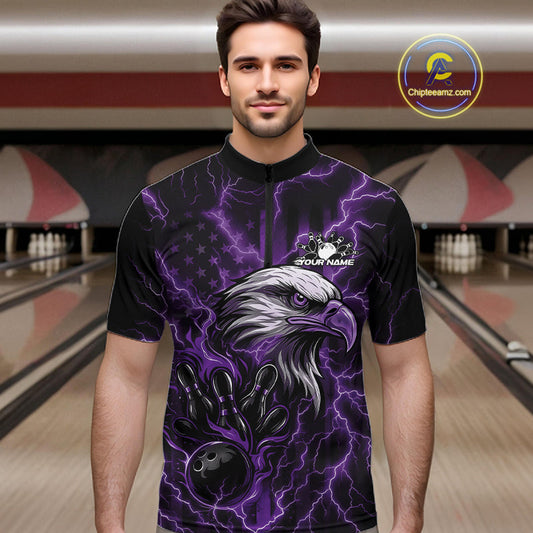 Custom Purple Lightning Flame Eagle Men Bowling Shirt, Patriotic US Team Shirt IPHW10175