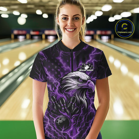 Custom Purple Lightning Flame Eagle Women Bowling Shirt, Patriotic US Team Shirt IPHW10175