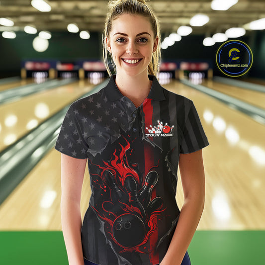 Custom Red Thin Line American Flag Patriotic Flame Bowling Team Women Polo Shirts IPHW10179