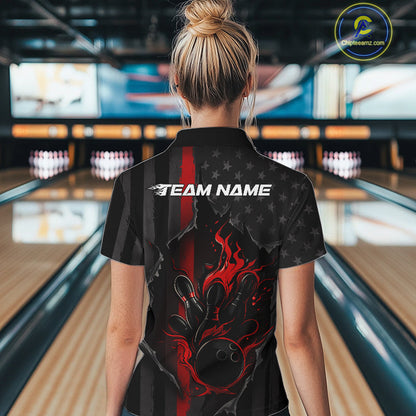 Custom Red Thin Line American Flag Patriotic Flame Bowling Team Women Quarter-Zip Shirts IPHW10179