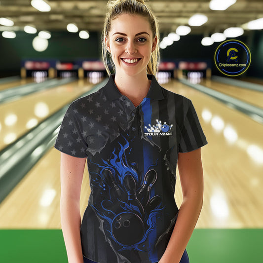 Custom Blue Thin Line American Flag Patriotic Flame Bowling Team Women Polo Shirts IPHW10180