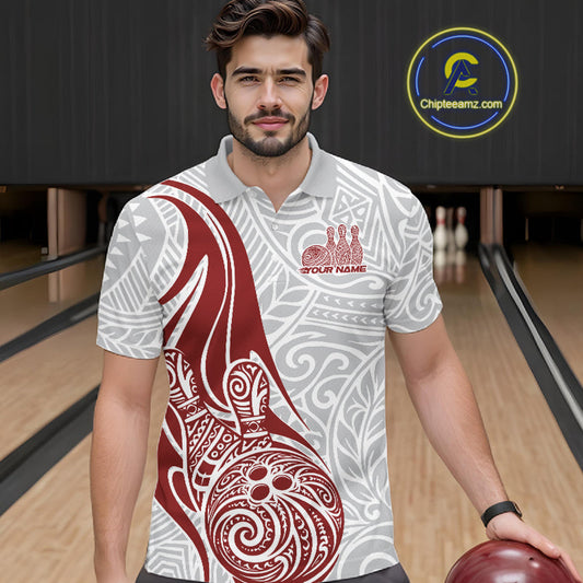Custom Red Polynesian Tribal Bowling Men Polo Shirt, Maori Style Bowling Shirt IPHW10337