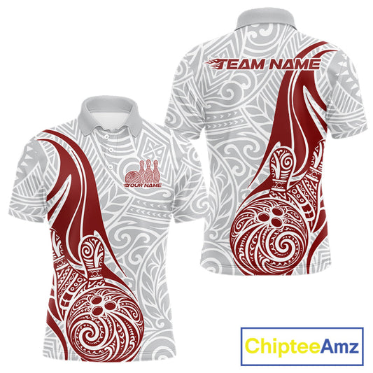 Custom Red Polynesian Tribal Bowling Men Polo Shirt, Maori Style Bowling Shirt IPHW10337