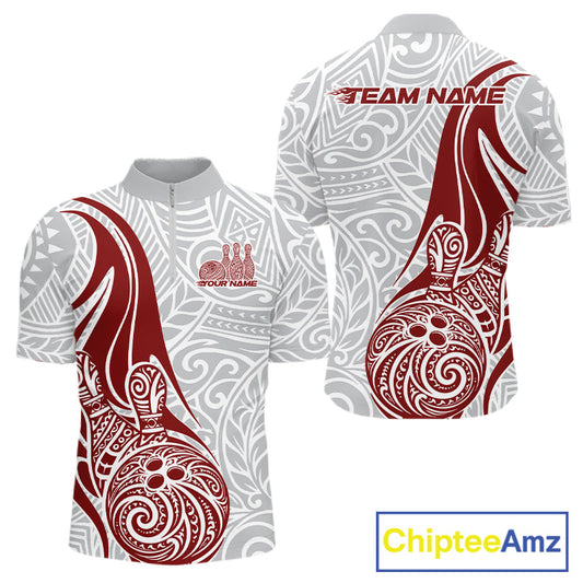 Custom Red Polynesian Tribal Bowling Men Quarter-Zip Shirt, Maori Style Bowling Shirt IPHW10337