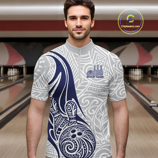Custom Blue Polynesian Tribal Bowling Men Quarter-Zip Shirt, Maori Style Bowling Shirt IPHW10338