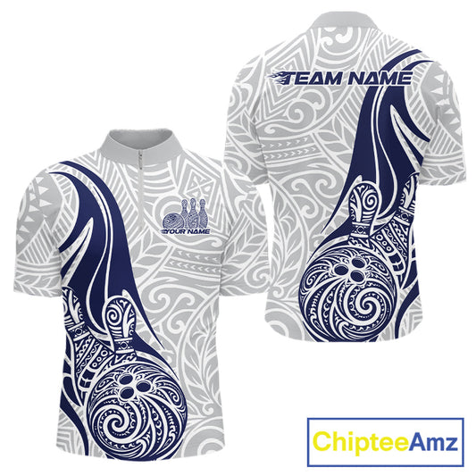 Custom Blue Polynesian Tribal Bowling Men Quarter-Zip Shirt, Maori Style Bowling Shirt IPHW10338