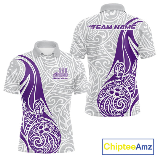 Custom Purple Polynesian Tribal Bowling Men Polo Shirt, Maori Style Bowling Shirt IPHW10339