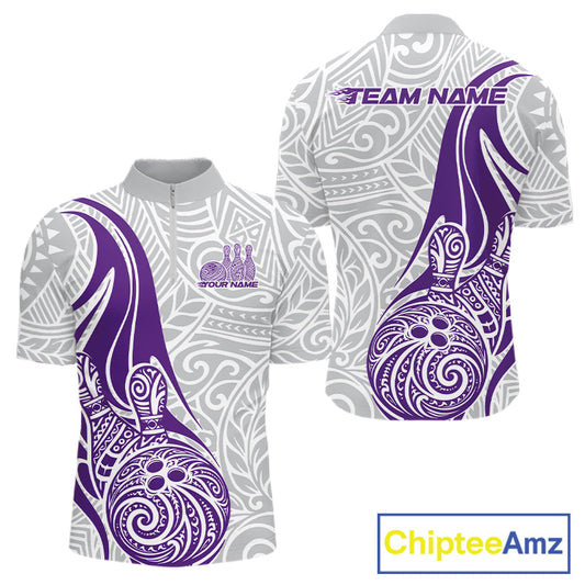 Custom Purple Polynesian Tribal Bowling Men Quarter-Zip Shirt, Maori Style Bowling Shirt IPHW10339