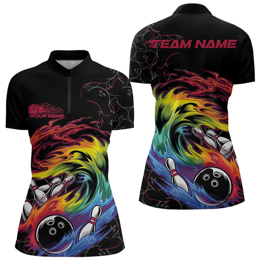 Custom Rainbow Flame Bowling Team Women Quarter-Zip Shirts, Colorful Bowling League Shirt IPHW8740