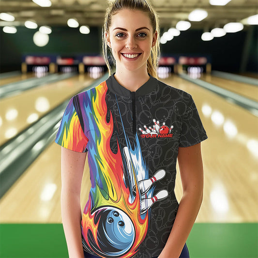 Custom Rainbow Flame Bowling Team Women Quarter-Zip Shirts, Colorful Bowling League Shirt IPHW8747
