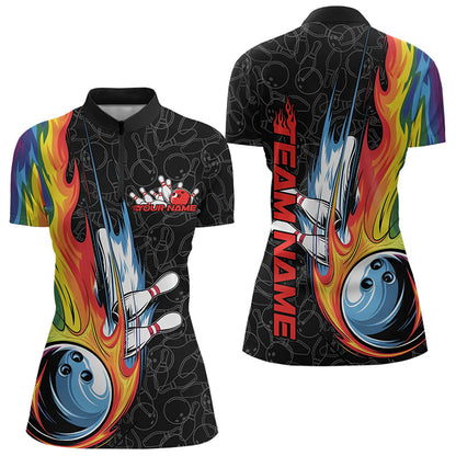 Custom Rainbow Flame Bowling Team Women Quarter-Zip Shirts, Colorful Bowling League Shirt IPHW8747