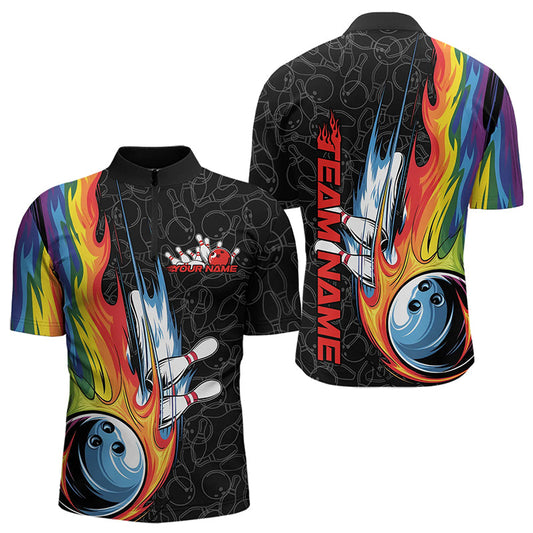 Custom Rainbow Flame Bowling Team Quarter-Zip Shirts For Men, Colorful Bowling League Shirt IPHW8747