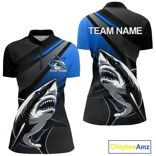Custom Black And Blue Shark Bowling Jersey, Bowling Uniform Shark Women Quarter-Zip Shirt IPHW9000