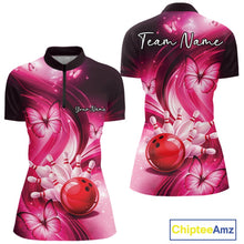 Load image into Gallery viewer, Custom Pink Butterfly Bowling Women Quarter-Zip Shirts, Team Tournament Bowlers Outfit IPHW11112