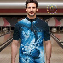 Load image into Gallery viewer, Custom Blue Butterfly Bowling Men Quarter-Zip Shirts, Team Tournament Bowlers Outfit IPHW11113
