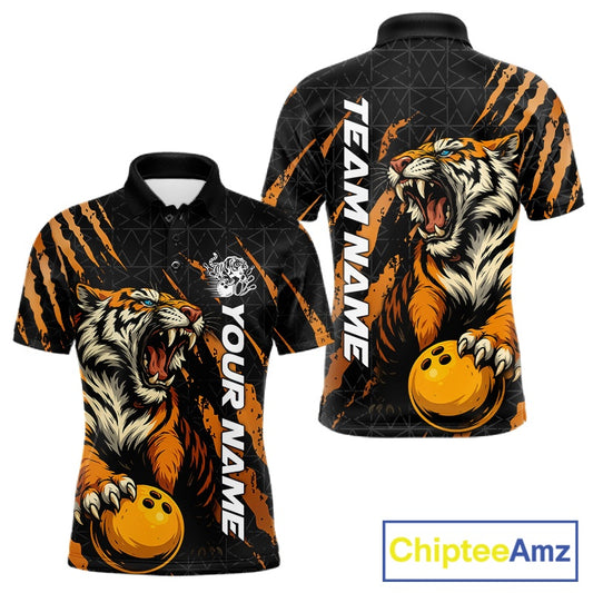 Front and back view of a black and yellow men's bowling polo shirt featuring a roaring tiger holding a yellow bowling ball with orange claw-stripe graphics and a geometric background pattern.