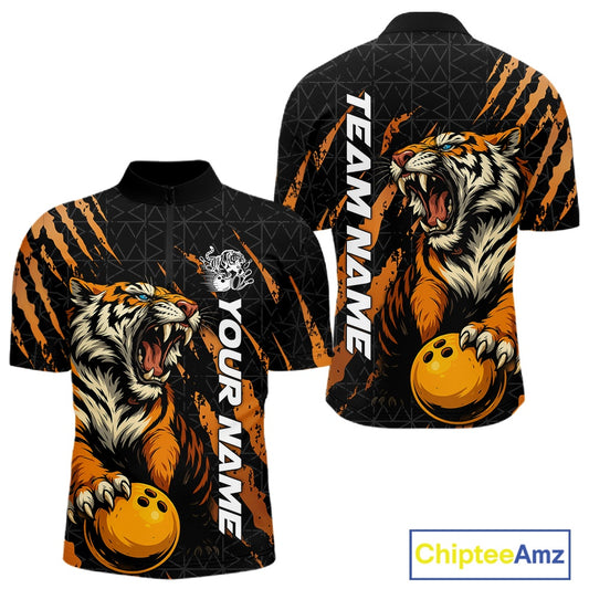 Front and back view of a black and yellow men's bowling quarter-zip shirt featuring a roaring tiger holding a yellow bowling ball with orange claw-stripe graphics and a geometric background pattern.