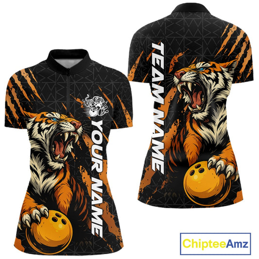 Front and back view of a black and yellow women's bowling quarter-zip shirt featuring a roaring tiger holding a yellow bowling ball with orange claw-stripe artwork and a geometric background pattern.
