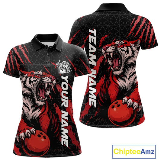 Front and back view of a black and red women's bowling polo shirt featuring a roaring tiger holding a red bowling ball with matching claw-stripe graphics and a geometric background pattern.
