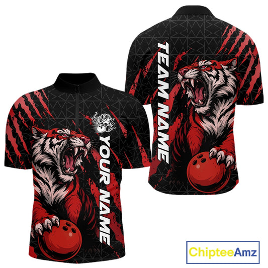 Front and back view of a black and red men's bowling quarter-zip shirt showcasing a roaring tiger holding a red bowling ball with red claw-stripe graphics and a geometric background pattern.