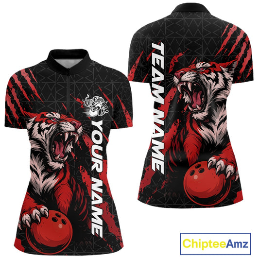 Front and back view of a black and red women's bowling quarter-zip shirt featuring a roaring tiger holding a red bowling ball with red claw-stripe graphics and a geometric background pattern.