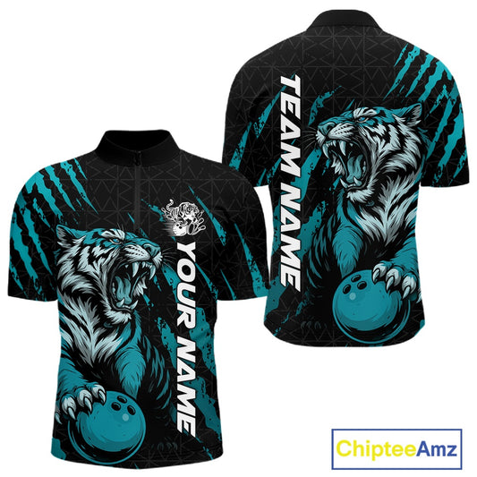 Front and back view of a black and teal blue men's bowling quarter-zip shirt featuring a roaring tiger holding a teal blue bowling ball with teal blue claw-stripe artwork and a geometric background pattern.