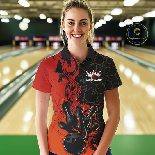 Custom Red Orange Fire Flame Bowling Team Women Polo Shirts, Bowling League Shirt IPHW10184