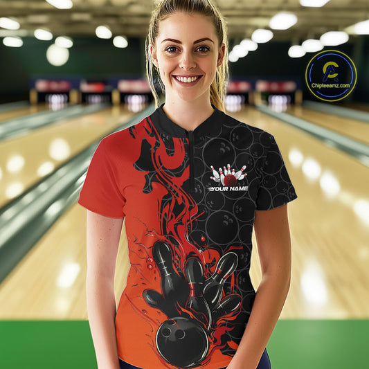 Custom Red Orange Fire Flame Bowling Team Women Quarter-Zip Shirts, Bowling League Shirt IPHW10184
