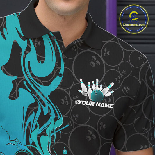 Custom Black And Blue Fire Flame Bowling Team Men Polo Shirts, Bowling League Shirt IPHW10186