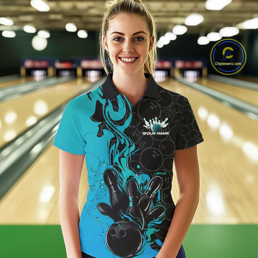 Custom Black And Blue Fire Flame Bowling Team Women Polo Shirts, Bowling League Shirt IPHW10186