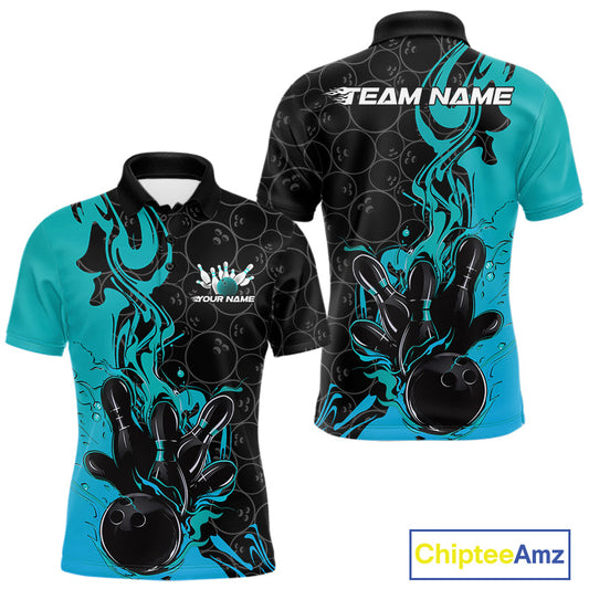 Custom Black And Blue Fire Flame Bowling Team Men Polo Shirts, Bowling League Shirt IPHW10186