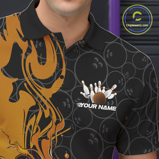 Custom Black And Gold Flame Bowling Team Men Polo Shirts, Yellow Bowling League Shirt IPHW10188