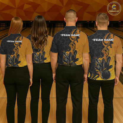 Custom Black And Gold Flame Bowling Team Men Polo Shirts, Yellow Bowling League Shirt IPHW10188