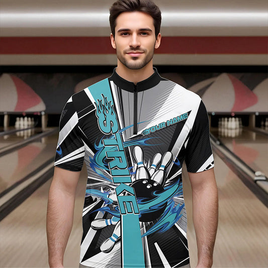 Custom Black And Blue Strike Bowling Men Quarter-Zip Shirts, Bowling Team League Shirt With Name IPHW8760