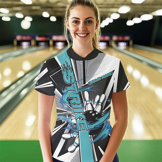 Custom Black And Blue Strike Bowling Women Quarter-Zip Shirts, Bowling Team League Shirt IPHW8760