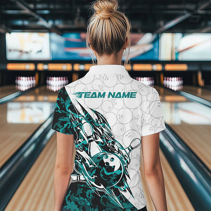 Custom Turquoise Blue Camouflage Bowling Quarter-Zip Shirts For Women, Bowling Team Uniform IPHW8772