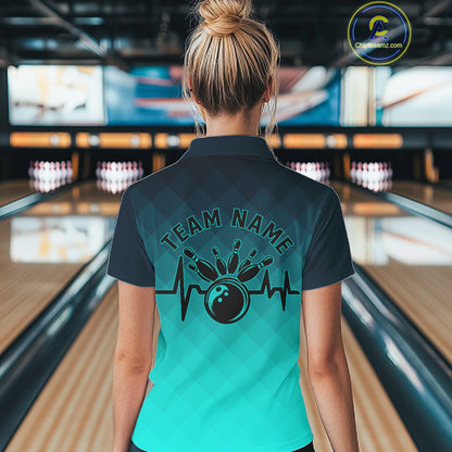 Bowling Heartbeat Pulse Line Blue Argyle Custom Bowling Team Shirts For Women IPHW6253