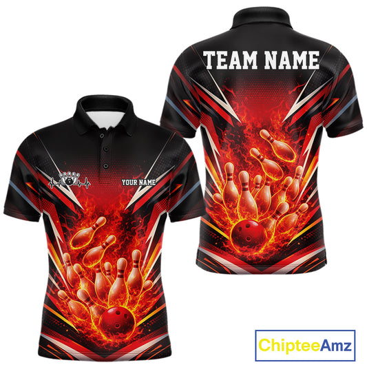 Front and back mens bowling polo in black and red featuring a flaming bowling ball striking pins with fiery sports-inspired graphics.