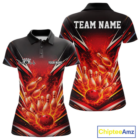 Front and back view of a men’s quarter-zip bowling shirt mockup featuring duck in sunglasses and fedora holding cash and cigar beside bowling ball and pins black and orange design