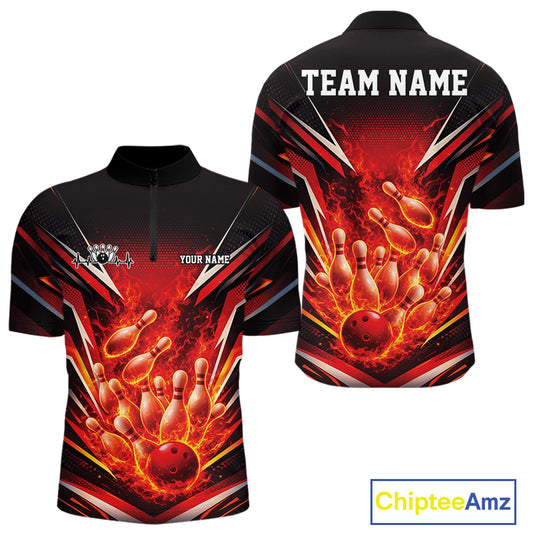 Front and back view men’s quarter-zip bowling shirt mockup featuring flaming bowling ball crashing into pins fiery style on white and turquoise blue fabric